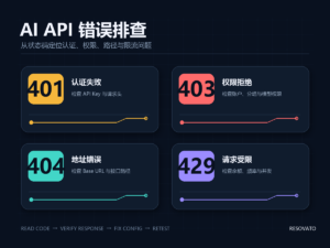 AI API 错误解决方法：401、403、404、429 排查图