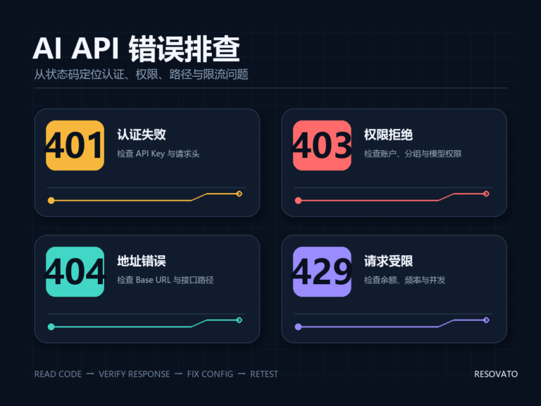 AI API 错误解决方法:401、403、404、429 排查图