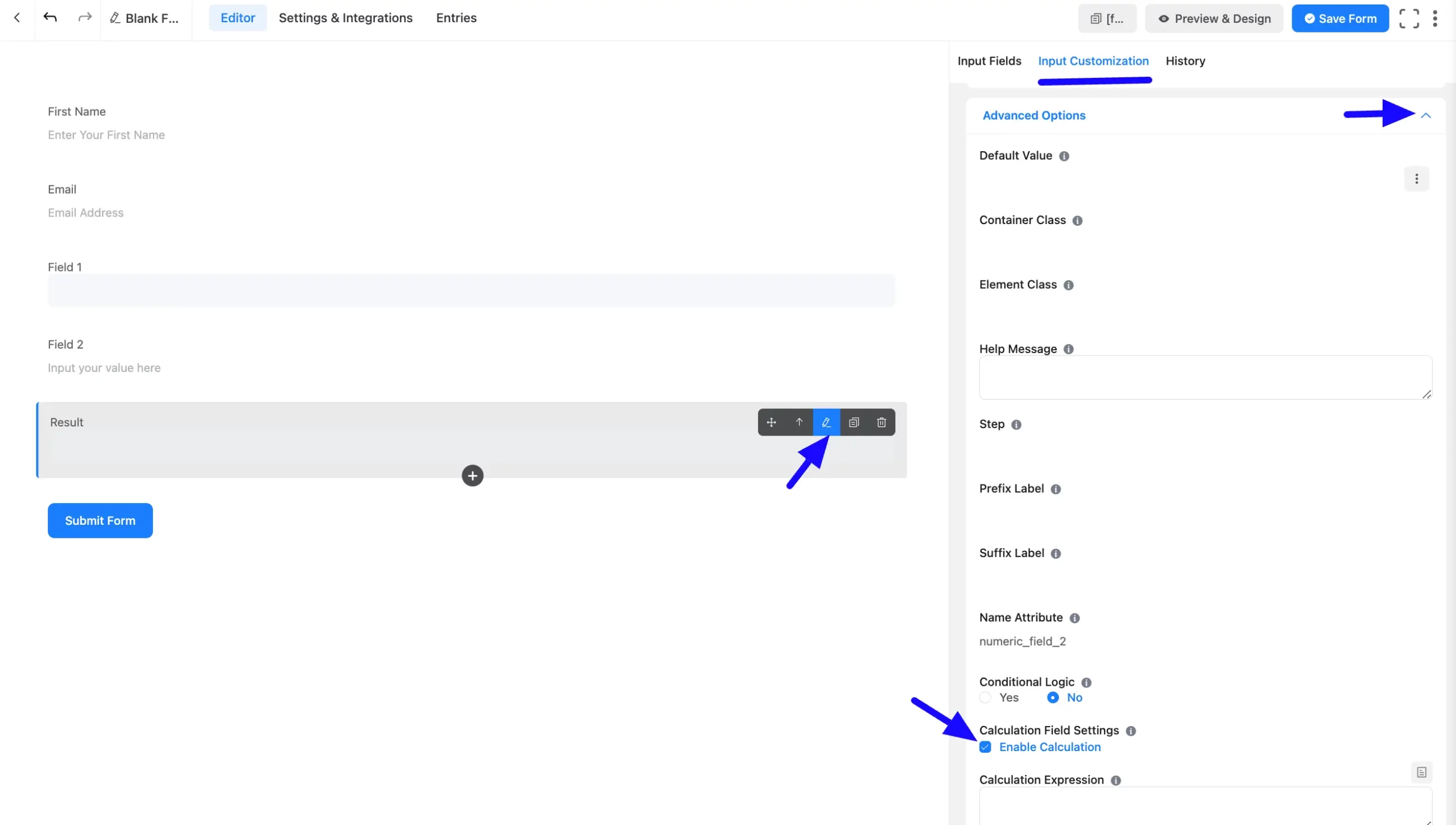Fluent Forms Pro 启用数字计算并配置计算表达式